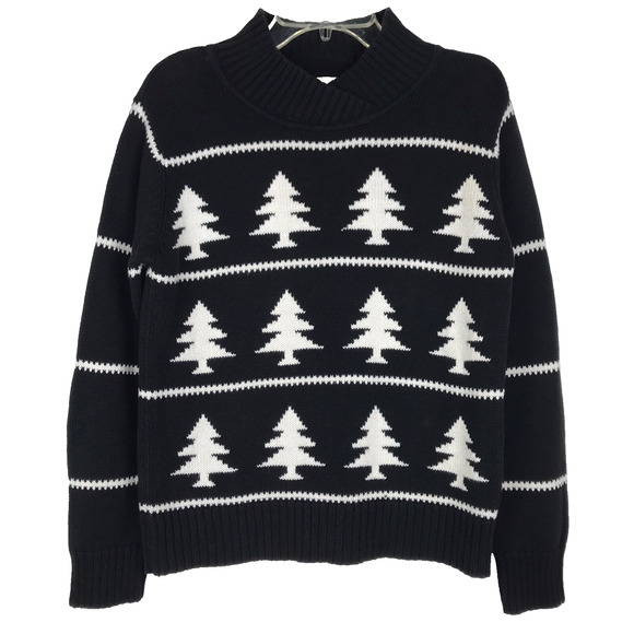 Talbots Sweaters - Talbots Petites Sweater Black White Christmas Trees 100% Cotton Size P